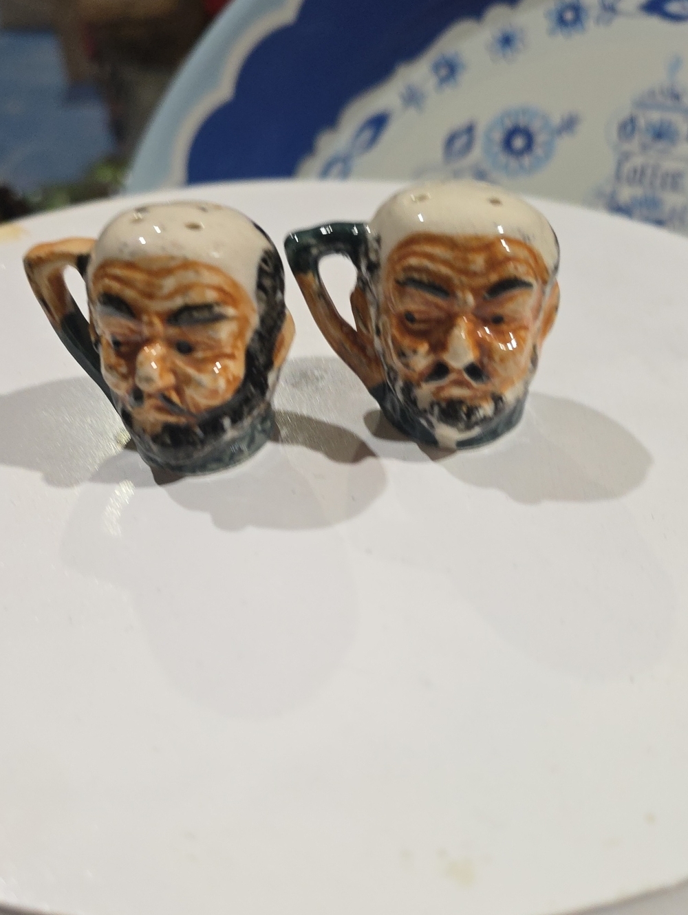 Vintage Toby Ceramic Face Salt & Pepper Shakers - Brown, Black, Cream Japan